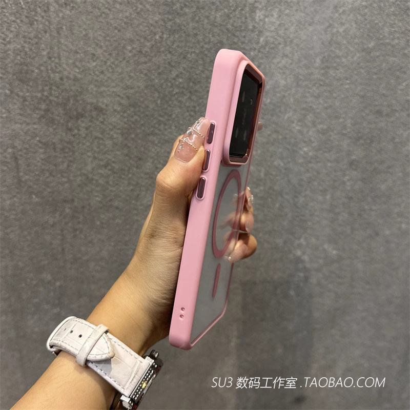 磁吸无线充电粉色加厚防摔适用小米14/15pro手机壳14ultra高清透明亚克力硬壳软边magsafe网红女高级简约