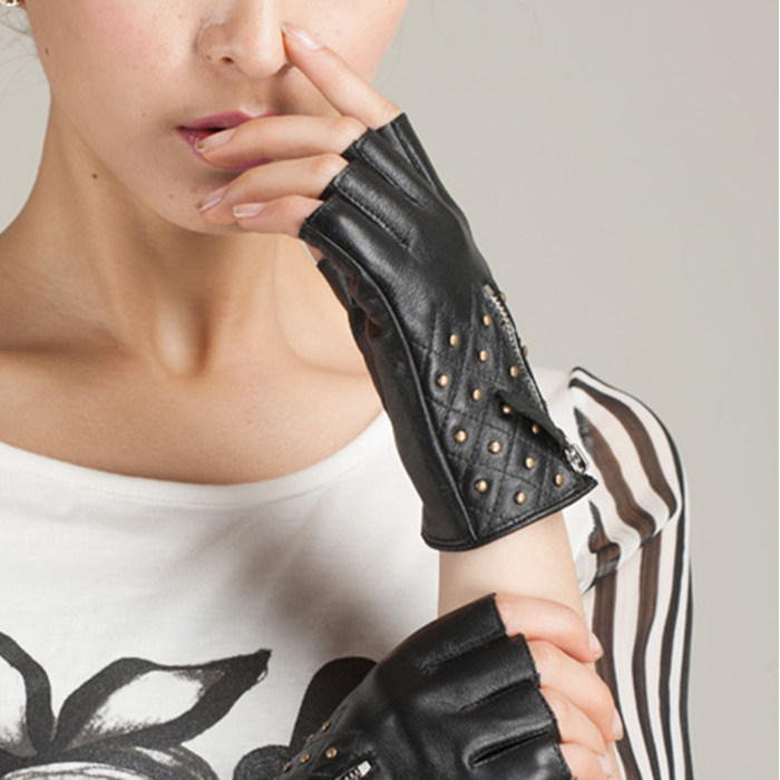 KU秋冬新款 半指真皮手套 时尚个性铆钉拉链羊皮手套 男女款