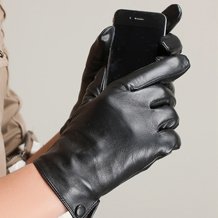KU秋冬季新款 男士小山羊皮纽扣 防寒真皮机车触摸屏手套反绒