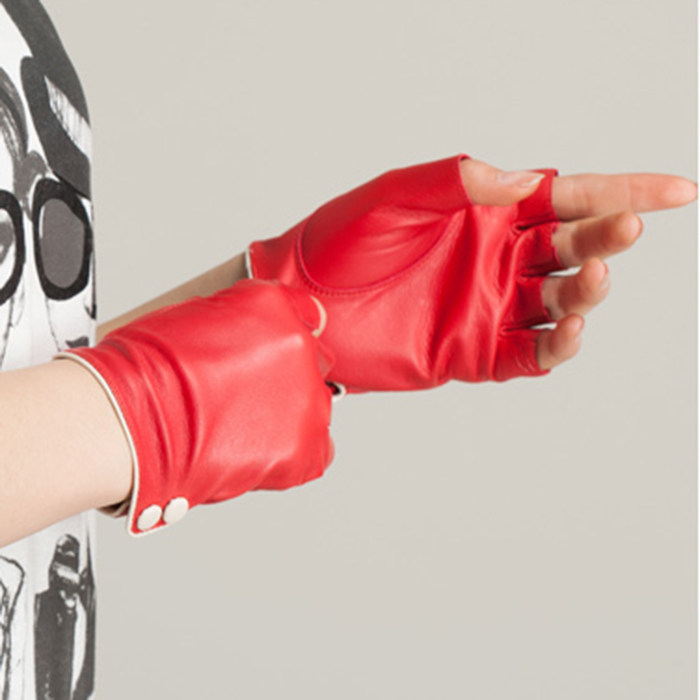 KU秋冬季新款 进口山羊皮半指真皮手套 男女款时尚手套短款薄