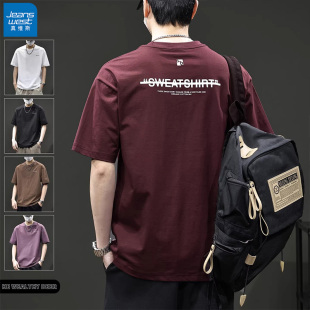 美式 夏季 风潮牌圆领透气休闲上衣 T恤男士 真维斯字母印花重磅短袖