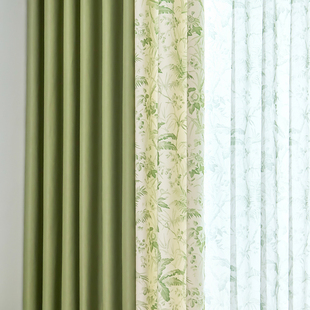 绿色碎花田园美式复古窗帘2024年客厅新款卧室遮光飘窗棉麻小清新