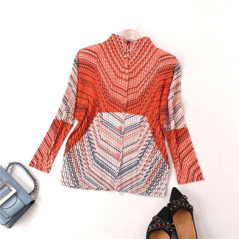 丝滑进口面料条纹印花立领褶皱外套女装三宅风压褶上衣开衫防晒衣