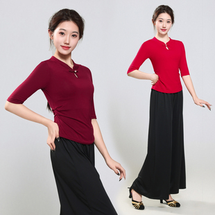舞蹈衣女盘扣旗袍领民族风广场舞服装古典舞上衣中袖练功服新款