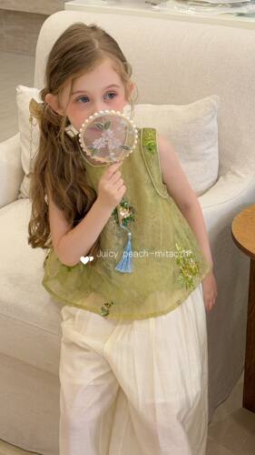 【UMKIDS】蜜桃汁品牌2026夏新款女童新中式国风旗袍休闲阔腿裤