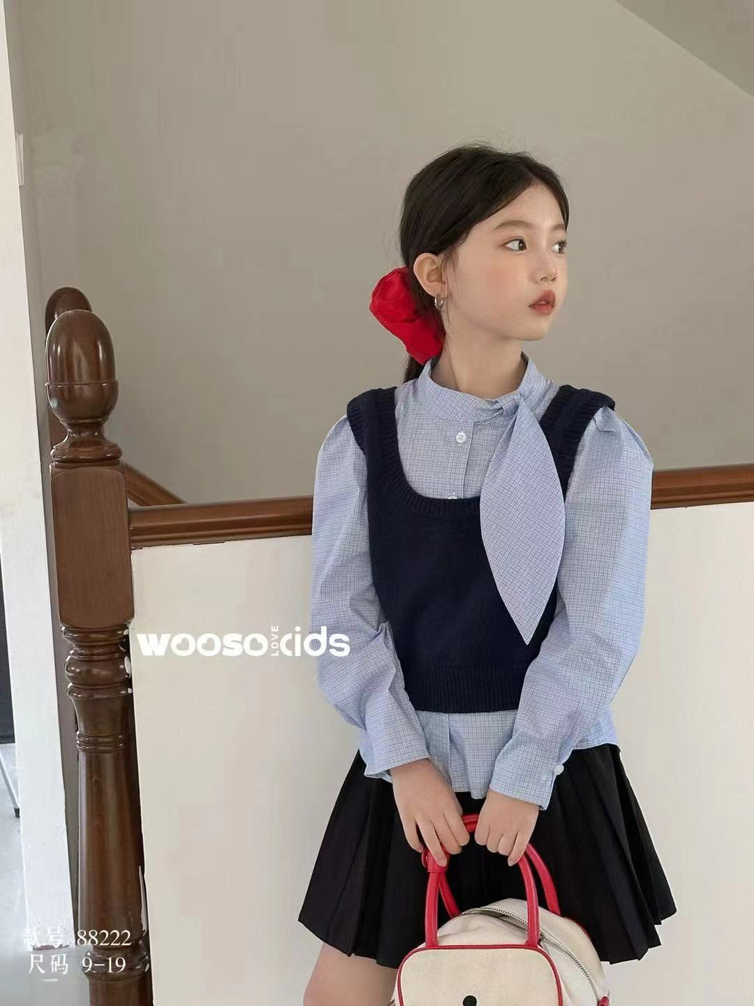 【UMKIDS】现货wooso衬衫加马甲两件套特价140码上衣两件套