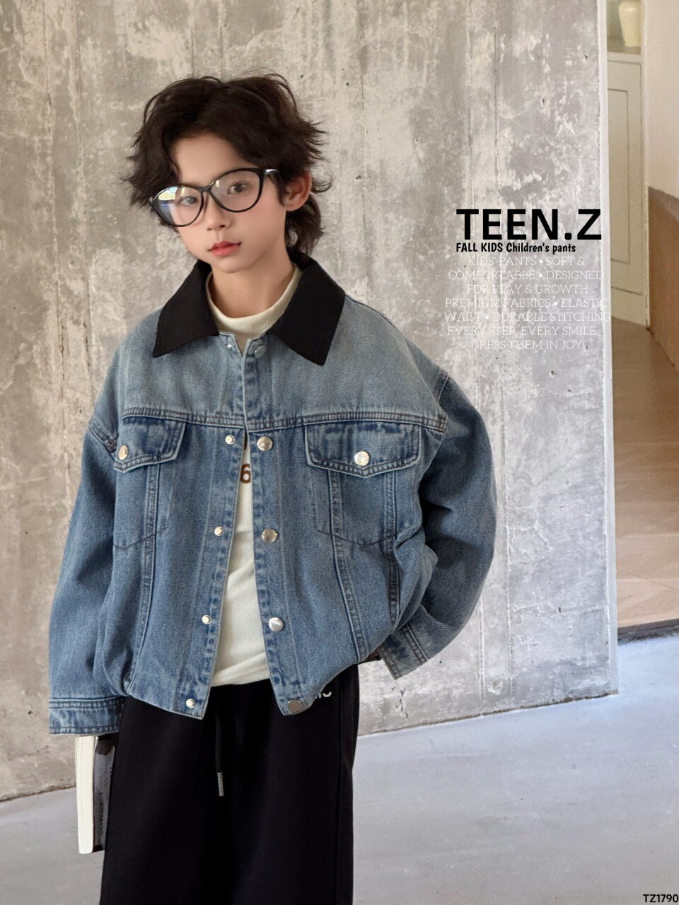 【UMKIDS】拾在春款男女童牛仔外套中大童翻领外衣
