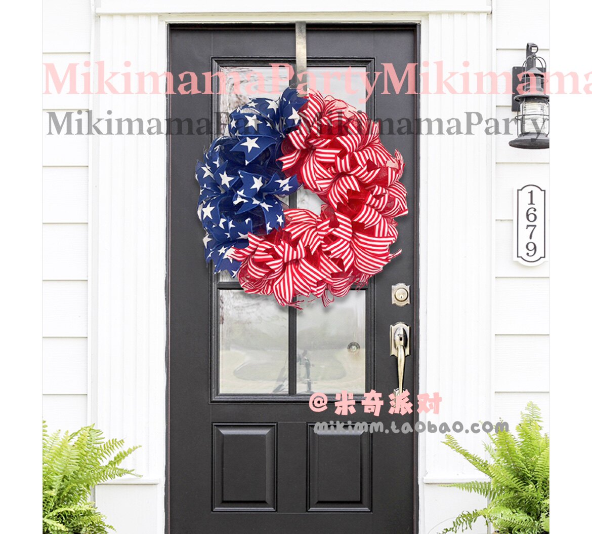 美国国庆独立日花环门挂派对布置家居布艺装饰品节日橱窗道具30cm