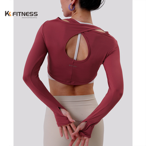 kk fitness显瘦跑步运动服长袖露背健身衣白色美背瑜伽服上衣女