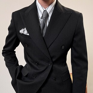 意式男双排扣戗驳领西服套装商务婚礼宴会纯色西装那不勒斯正装男