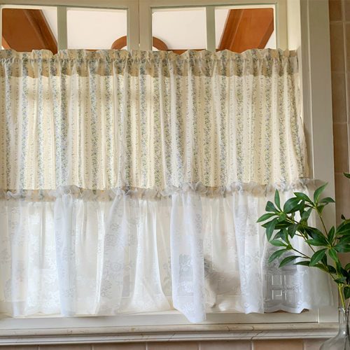 奶油风纱布一体窗帘免打孔安装