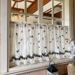 美式法式绣花纱帘窗纱窗幔帘头透光不透人免打孔安装半帘短帘飘窗