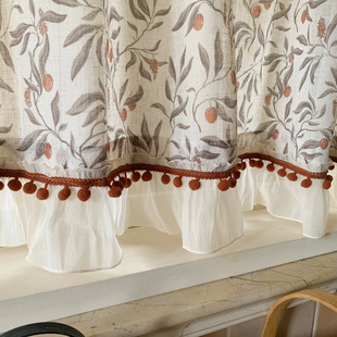 美式小浆果复古米色樱桃窗帘纱帘橱窗厨房透光不透人免打孔半帘