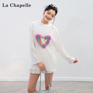 拉夏贝尔荧光绿幻彩爱心印花长袖T恤少女感梦幻渐变宽松休闲上衣
