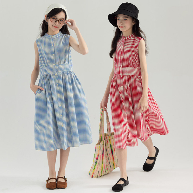 女童夏季无袖背心裙红色格子裙子