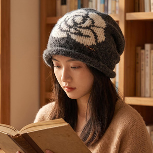日韩版秋冬天帽子大头围女款显脸小冷帽时尚提花针织帽保暖毛线帽