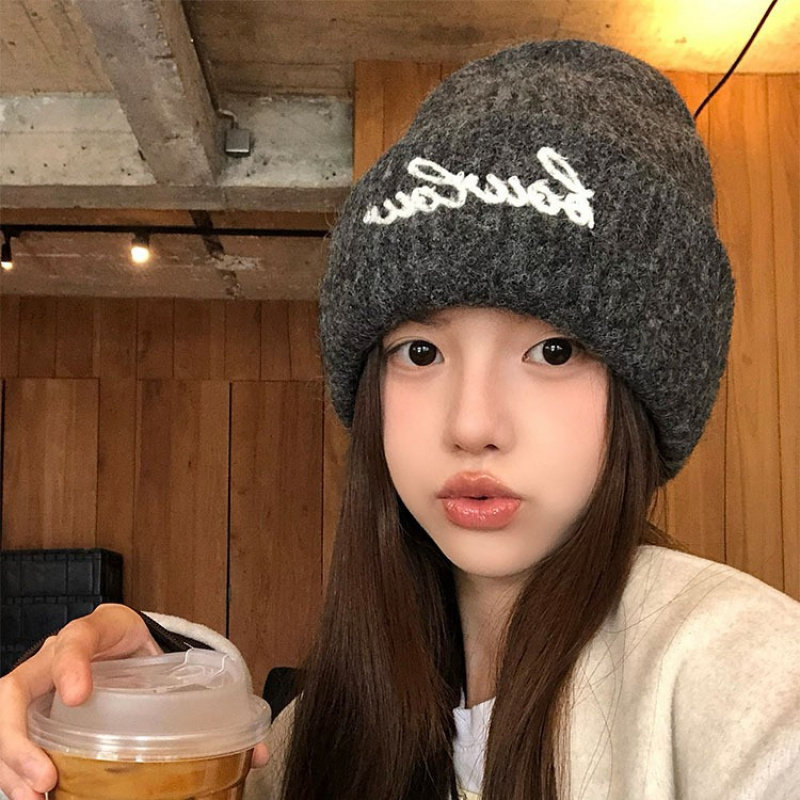 秋冬帽子女款美式百搭字母堆堆帽大头围保暖包头帽户外休闲毛线帽