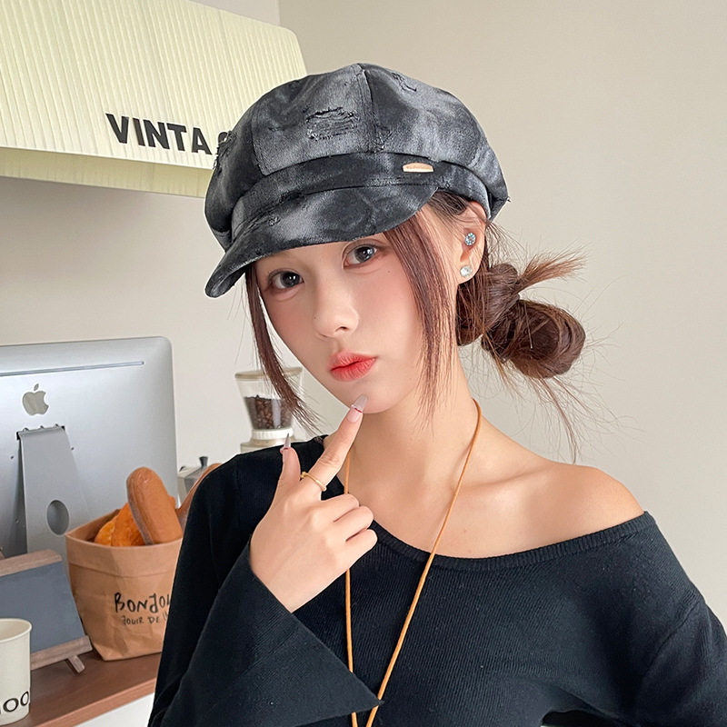 英伦风复古破洞格纹八角帽女宽檐显脸小秋冬画家帽休闲百搭贝雷帽