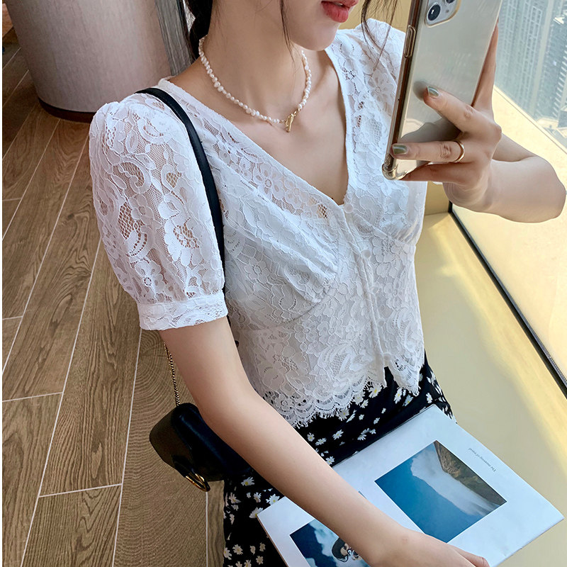 谜秀超仙蕾丝衫女2020夏装新款韩版修身气质百搭洋气小衫仙女上衣