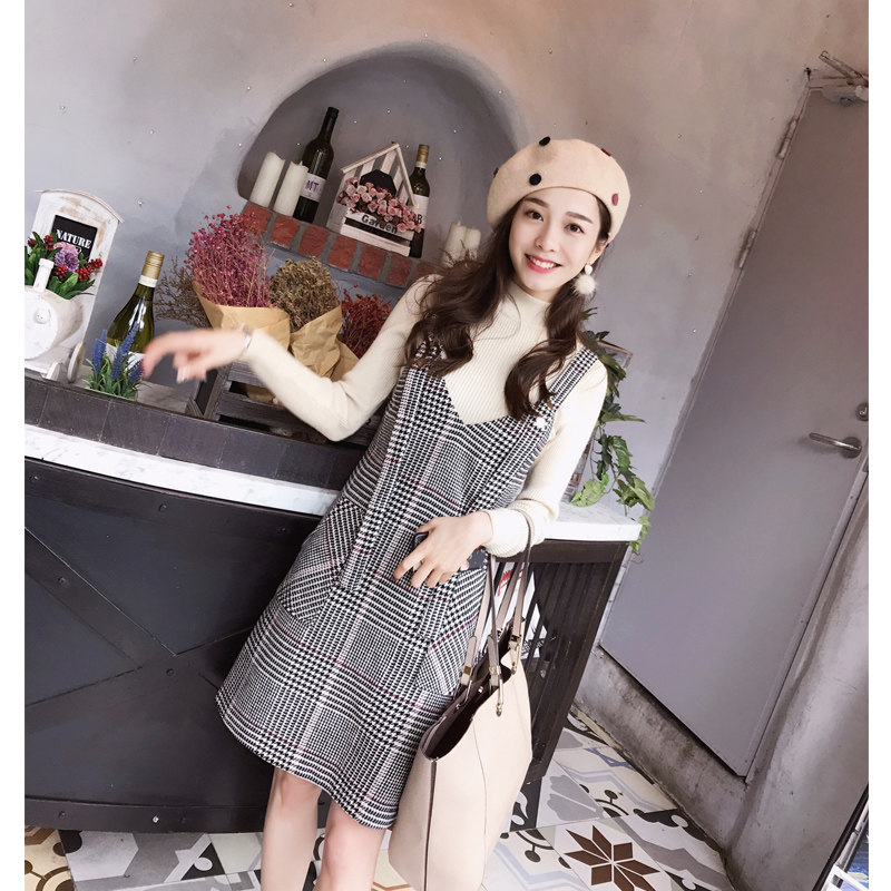 谜秀毛呢连衣裙女2018秋冬新款韩版修身千鸟格背带裙子女装潮|msdalam kategori Butik wanita / wanita, skirt - dari Buy2taobao.com untuk memberikan perkhidmatan ejen Taobao profesional membeli