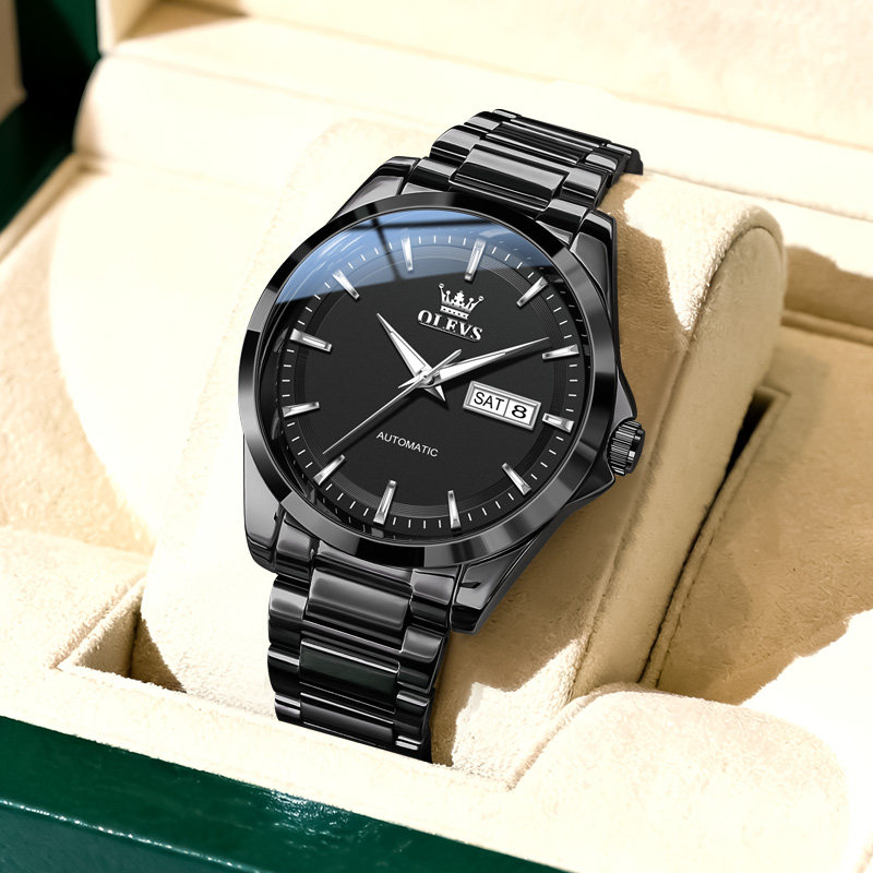 黑武士新款男士简约双日历机械表