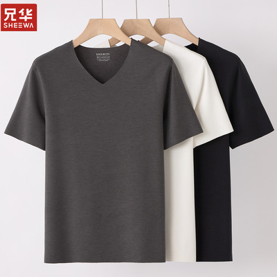 兄华无痕蚕丝V领男羊绒保暖短袖