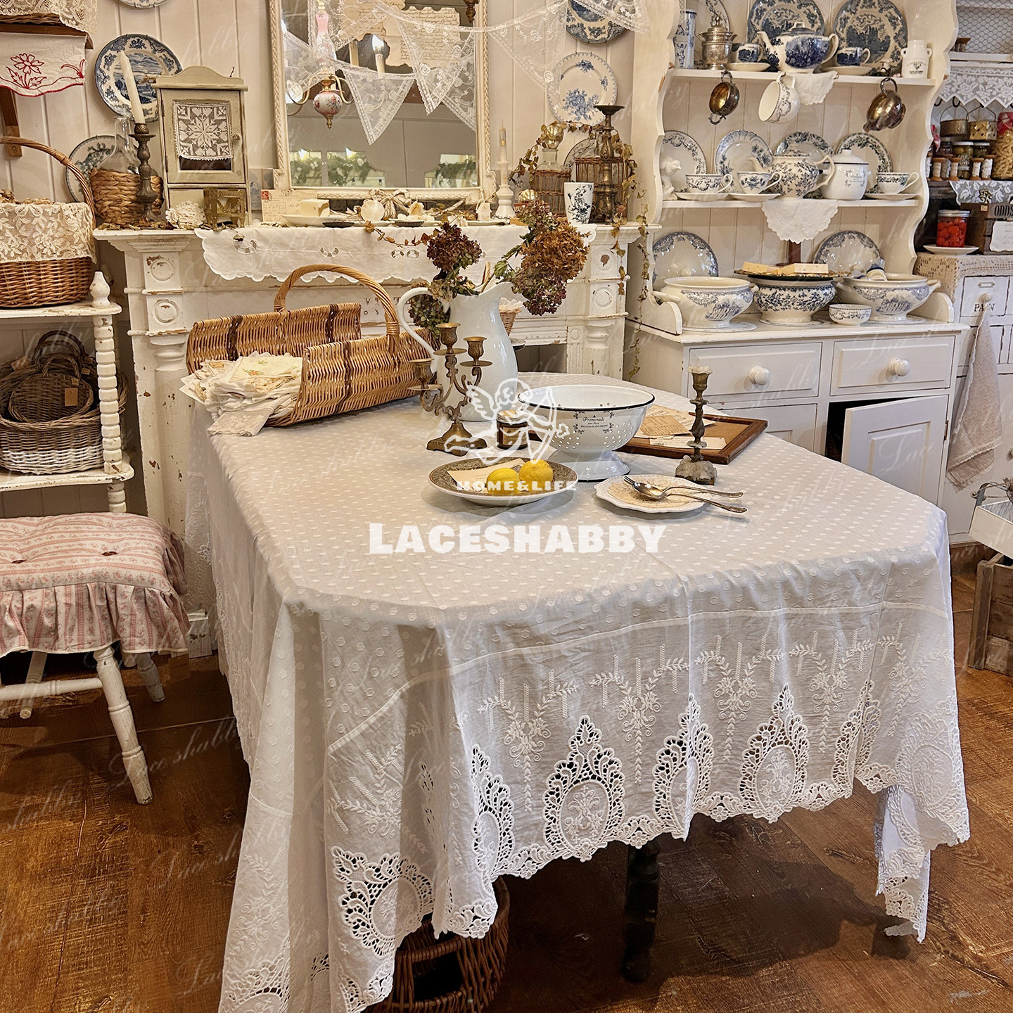 治愈系的家！LACESHABBY南法中古风白色棉质绣花波点桌布餐布盖巾,居家布艺,桌布,淘宝优惠券,粉丝福利购,淘宝优惠卷