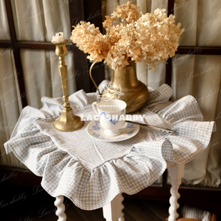 LACESHABBY治愈系家居法式 蓝色格子棉麻荷叶边桌布盖巾 复古风格