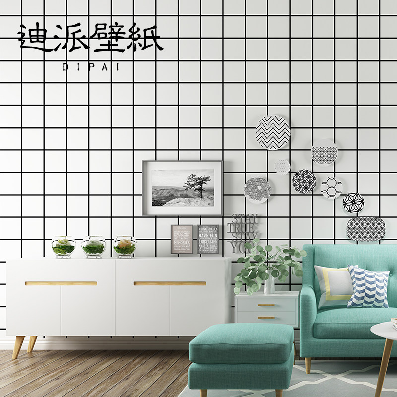 灰色黑白格子墙纸店铺装修北欧客厅卧室背景墙壁纸非自粘商用餐饮