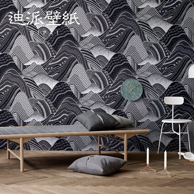 新中式抽象无纺布山水画墙纸日式浮世绘客厅卧室背景餐厅饭店壁纸