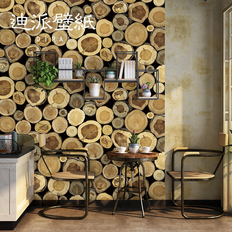 3D立体中式复古木纹壁纸木桩工业风仿木餐厅背景火锅店服装店墙纸