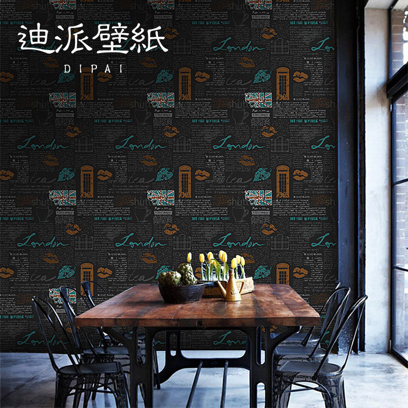 迪派复古字母工业风壁纸烫金米子旗餐厅酒吧咖啡厅服装店黑色墙纸