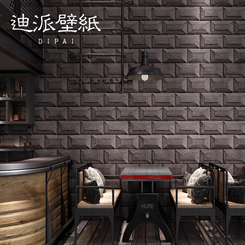3d复古水泥灰色砖纹砖头砖块墙纸仿古大理石餐厅服装店壁纸理发店