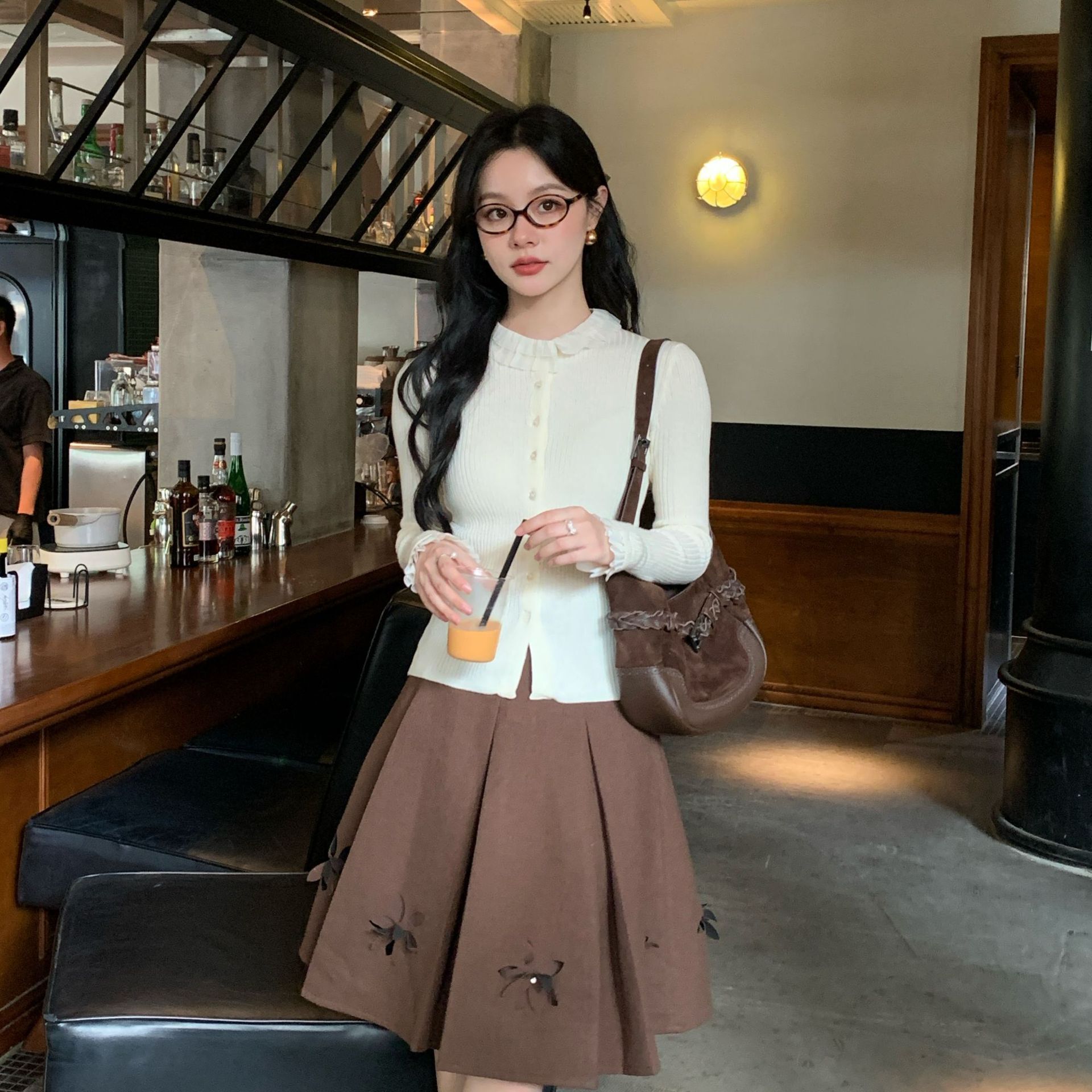 NEW OPEN-5冬法式甜美减龄坑条木耳边针织开衫毛衣女毛衣H25F6955