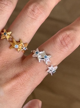 简约金属风歪头星星蓝锆石戒指