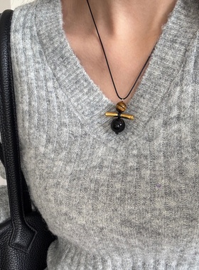 新中式金色竹节虎眼石吊坠项链