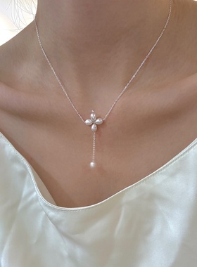 简约原创流苏花朵天然珍珠项链