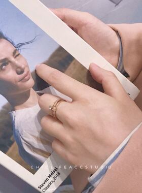 ins钛钢玫瑰金锆石麻花方块戒指