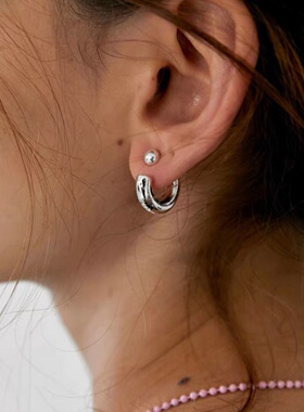 重工韩国midninht moment前后式半圆环豆豆C型通体S925纯银耳钉女