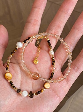天然黄水晶虎眼石淡水珍珠手串秋冬季美拉德色系轻奢高级感手串女