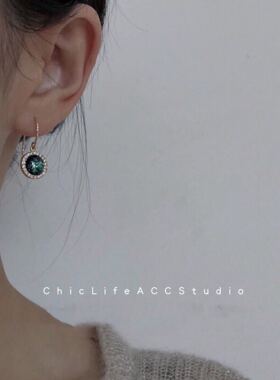 Ins超火异彩14k包金气质复古吊坠耳坠显白绿色欧泊百搭耳挂性感