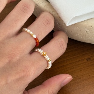 原创天然淡水珍珠金色小桂花戒指百搭温柔风极细叠戴弹力食指戒女