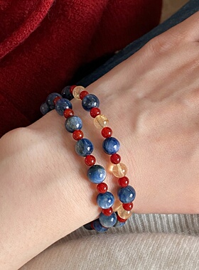 青黛天然蓝晶石红玛瑙黄水晶拼接叠戴手串精致新中式国风撞色手饰
