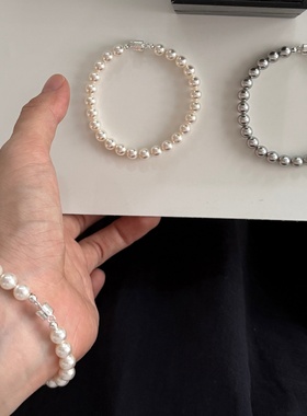 正圆白灰色6mm施家珍珠磁吸扣手链S925银叠戴百搭fever博主同款女