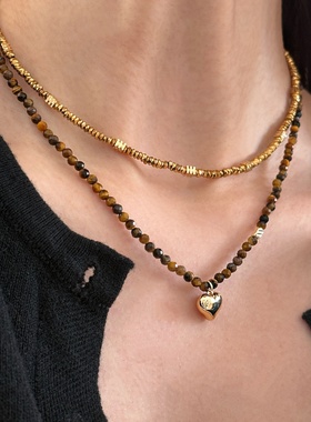 爆闪天然虎眼石金色片片叠戴项链