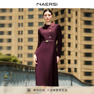 配腰带 NAERSI娜尔思商场同款 新款 显瘦25冬季 绵羊毛连衣裙修身