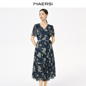 气质V领印花收腰连衣裙年夏季 NAERSI 娜尔思时尚 碎花度假风长裙子