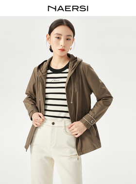 NAERSI娜尔思长袖连帽短外套抗风腰部抽绳显瘦设计2025年冬季新款