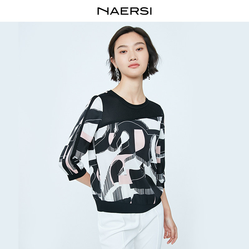 NAERSI/娜尔思气质印花休闲拼接衬衫上衣女七分袖减龄套头雪纺