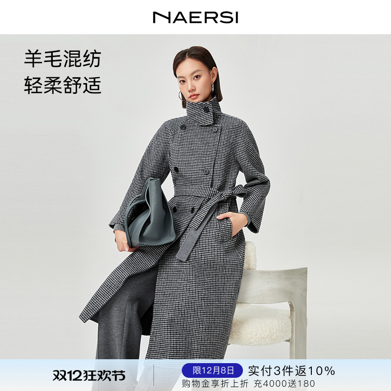 NAERSI娜尔思绵羊毛千鸟格大衣25年冬季新款新款中长款毛呢外套